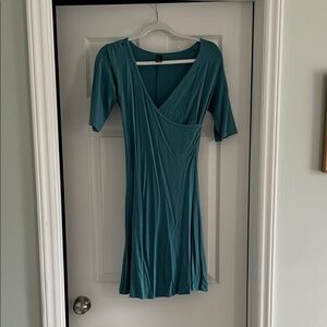 Prana Teal Wrap-Style Midi Dress with Elbow Sleeves
